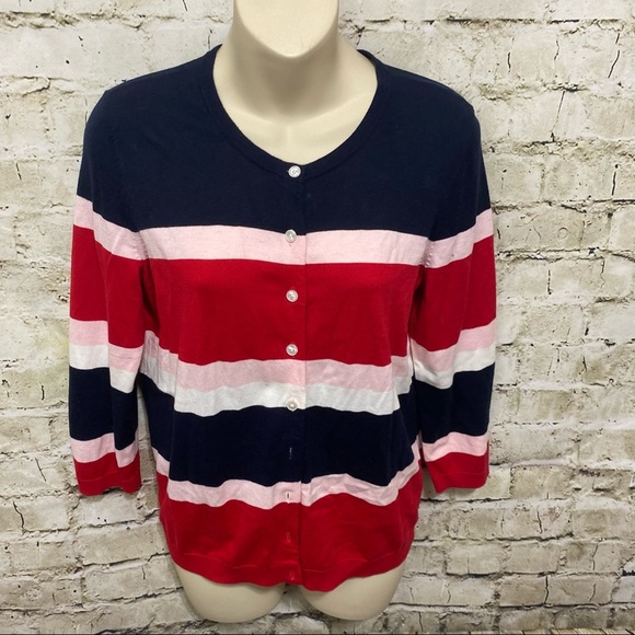 Talbots Blue Red Striped 3/4 Sleeve Cardigan - Picture 1 of 5